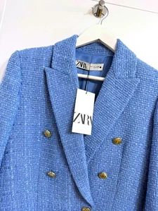 A016 ZARA BLAZER BLUE TEXTURED WEAVE WITH GOLD BUTTONS JACKET COAT SMALL - S - Bild 1 von 24