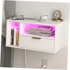 Floating Nightstand with Charging Station and LED Lights, White - Picture 1 of 8
