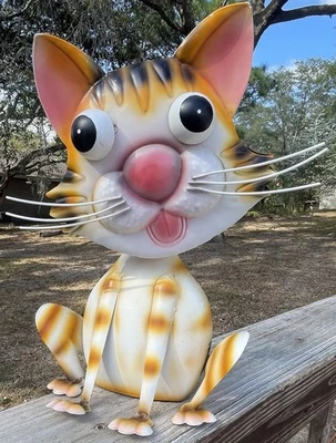 Bobble Head Metal Cat Lawn Garden Statue Orange White Kitty Yard Ornament 12-13” - Image 1 of 4