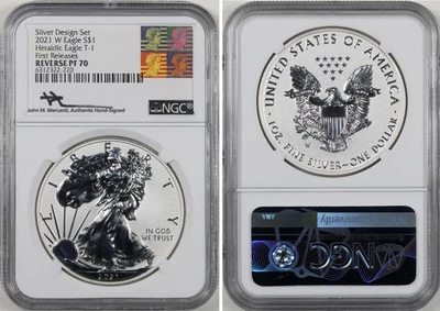 2021 W REVERSE PROOF Silver Eagle Set NGC PF70 MERCANTI Signed PR FR - Imagem 1 de 3