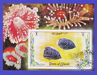1971 TROPICAL FISH STAMP SHEET ANGEL FISH CTO AIR MAIL UMM-AL-QIWAIN SEA ANEMONE - Image 1 of 2
