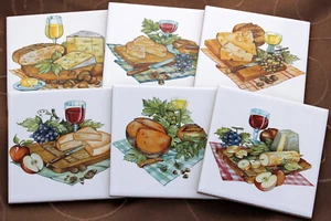 Kitchen Tiles Set 10x10 with Cheese and Wine, Decorations, Kitchen Motif, Set of 6 - Picture 1 of 8