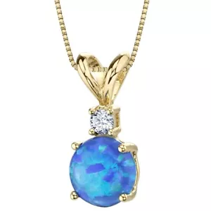 14K Gelbgold 0,5 ct erstellt blauer Opal Diamant Solitär Anhänger, 18" - Bild 1 von 4