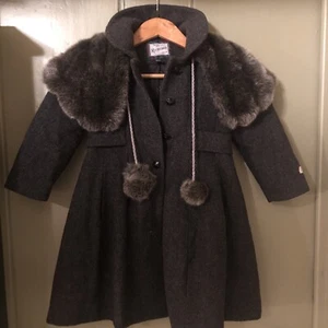 New Rothschild Charcoal Wool Princess Coat Fur Cape Trim Pom Pom Size 4T - Picture 1 of 5