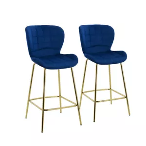 2 x New Kitchen Bar Stools Metallic Legs Barstool Dining Chairs Fabric Blue - Picture 1 of 8