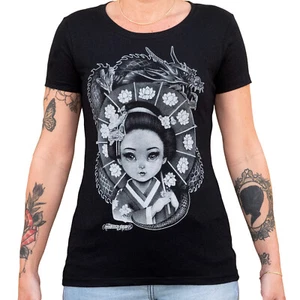 Black Market Art Lil Geisha Tattoo Women's Black Tee S-M-L-XL-2XL T-shirt NWT - Picture 1 of 5