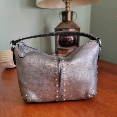 Michael Kors Silver Metallic Studded Leather Mini bag Silver Tone Hardware Purse - Image 1 of 4
