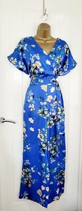 YUMI Kimono Jumpsuit Lightweight Satin Blue Floral Pockets Occasion Size 10 BNWT - Picture 1 of 9