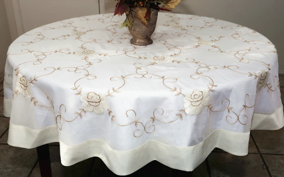 Vintage Sheer Floral Tablecloth White/Ivory 72" Round or 80" Square w/napkins - Image 1 of 4