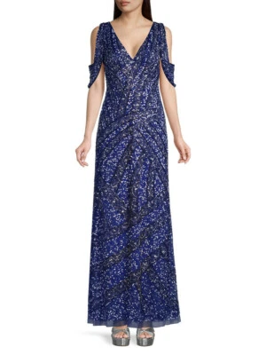 Aidan Mattox Fully Beaded Cold-Shoulder Gown, V-neck, Back zip, Size 8, $550 NWT - Image 1 of 4