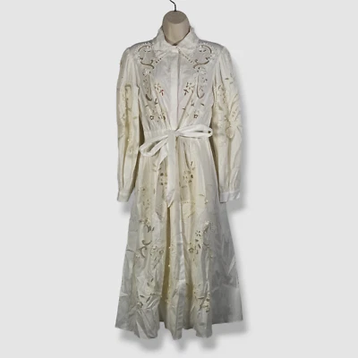 Carolina Herrera Women's White Embroidered Button-Up Self-Tie Dress Size 6 - Image 1 of 4