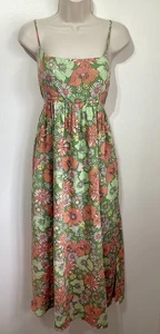 Oliver Bonas Green Floral Print Long Midi Dress 12 Cottage Hippie Boho Bloom - Picture 1 of 8
