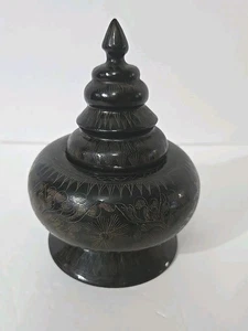 Vintage Burmese Black Carved Lacquerware Offering Bowl - Picture 1 of 7