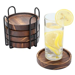 5Pcs Wooden Coasters for Drinks - Natural Wood Drink Coasters Set with Holder... - Picture 1 of 6
