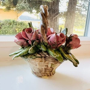 Vintage Nuova Capodimonte Mini Porcelain Pink Roses Brown Basket Made In Italy - Picture 1 of 11
