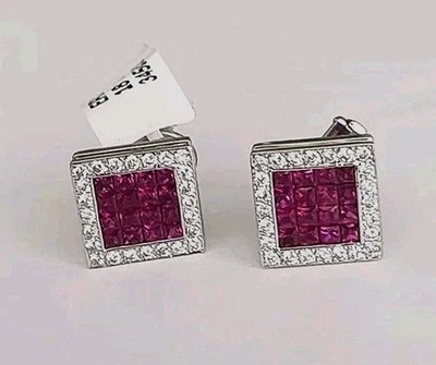 18k White Gold Ruby & Diamond earrings Clip Or Post  - Image 1 of 4