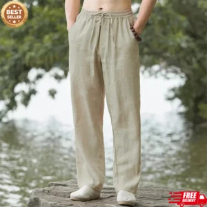 Mens Cotton Linen Pants Summer Lightweight Casual Loose Fit Beach Jogger Trouser - Picture 1 of 30