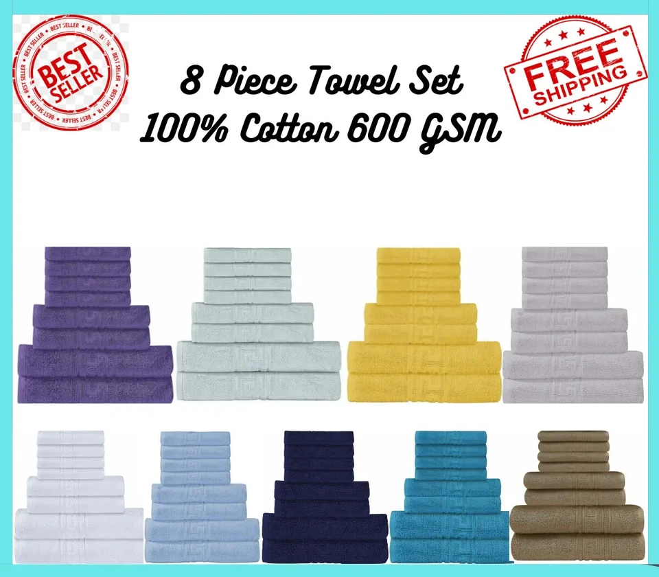 INDUS TEXTILES Luxury 100% Egyptian Cotton 8 Piece Towel Bale Set 4 Face 2 Hand 2 Bath Towels