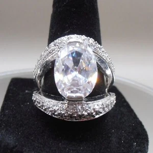 Bold Oval Cubic Zirconia Cocktail Ring Size 8.5 Silver Plated Statement Jewelry - Picture 1 of 5