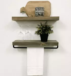 Set 2 NEW gray Wall Mount Floating Shelves, 20" x 5.5" Grey Wood with towel bar - Picture 1 of 3