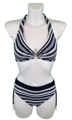 Lidea Bikini Größe 36 B - 36 C Cup Bademode Marinblau Weiß Neckholder Gestreift - Bild 1 von 4