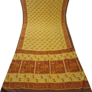Namaste Vintage ▾ Marrone Sari 100% Pura Seta Stampa Sari Indiano 15ft - Foto 1 di 6