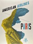 Original Vintage Affiche Americain Airlines Paris Aile Victoire Louvre Voyage Ol