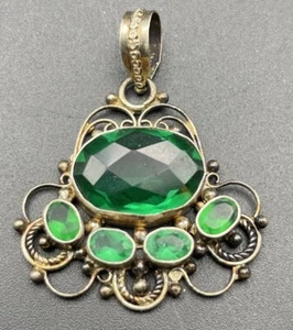 Vintage Green Glass Silver Tone Pendant 2” Long Victorian - Picture 1 of 3