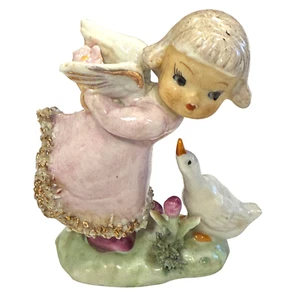 Vintage Chase Angel Girl with Goose Ceramic Figurine Spaghetti Trim Floral Base - Picture 1 of 8