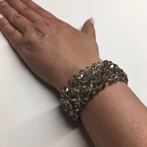 Faux Crystal Stretch Bracelet Clear and Tan Beads Bling Sparkle Party Holiday - Picture 1 of 3