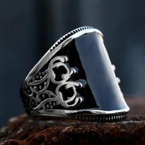 Grande Anello Smalto Nero Retrò Sigillo Acciaio Inox Uomo Vintage Gioielli Matrimonio - Foto 1 di 12