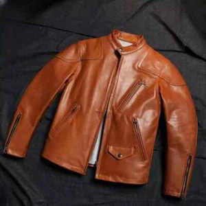 Chaqueta de motociclista de piel de cordero estilo retro de cuero genuino encerado para hombre - Imagen 1 de 9