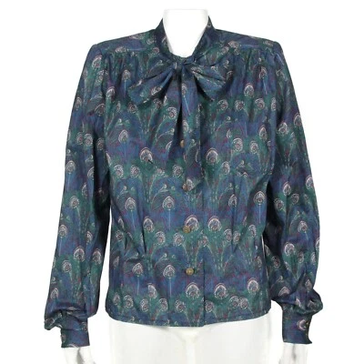 Vtg Liberty of London Print Blue Peacock Pussybow Blouse Top Women's S/M -251 - Photo 1/4