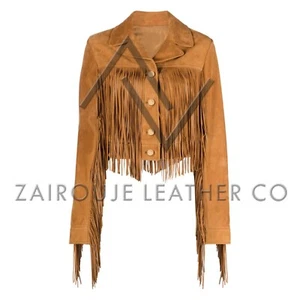 Womens Fringe Suede Leather Jacket - Western Style Tan Cropped Coat Trendy - Picture 1 of 10