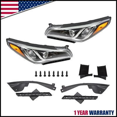 Fit For 2015 2016 2017 Hyundai Sonata Chrome Halogen Headlight Headlamp Pair - Image 1 of 4