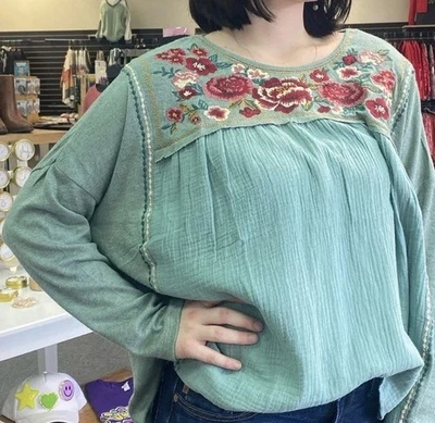 Rosas Salvia Verde Boho Manga Larga Campesinas Muy Bordadas Gran Tamaño Plus 2X Foto 1 de 4