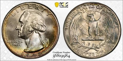 Cuarto de dólar Washington 25c plateado tonificado 1945-P MS67+ Foto 1 de 4