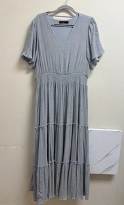 Mikarose Tiered Maxi Dress Women's XL Muted Light Blue V-Neck Flutter Sleeve - Picture 1 of 6