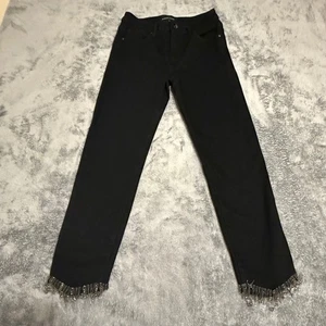 Pantalones de mezclilla Risen negros adornados con cuentas flecos recortados pierna recta para mujer 7 28 - Imagen 1 de 6