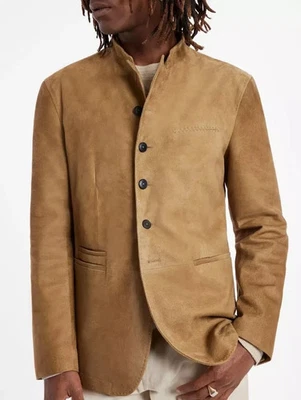 Men's Beige Suede Trucker Jacket 100% Pure Suede Leather Mandarin Collar Jacket - Image 1 of 4