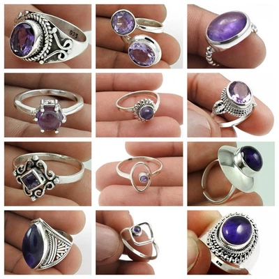 Solid 925 Sterling Silver Natural Amethyst Gemstone Rings Size 6.5 Women Jewelry - Image 1 of 4