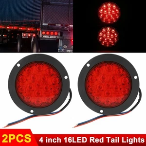2x Red 16 LED 4" Round Truck Trailer Tail Stop Turn Brake Lights Chrome Grommet - Picture 1 of 12