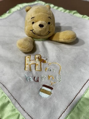 Disney Winnie The Pooh Baby Lovey Security Blanket H is for Hunny Green Satin - Image 1 of 4
