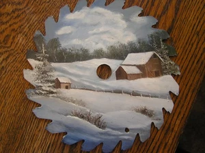 Hand~Painted WINTER Rural Scene Original Artist Signed Circular Saw Blade Folk - Picture 1 of 4
