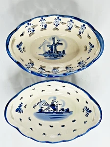 Pair of Delft Blue Holland Windmill Trinket Dishes | Pierced Ceramic Bowls - Picture 1 of 8
