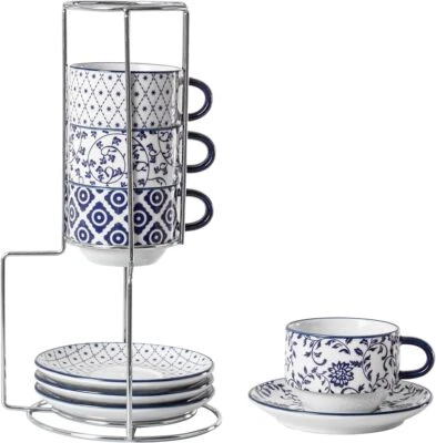 Taza de café espresso de cerámica con platillo y soporte de metal - Juego de tazas de capuchino de cerámica Foto 1 de 4