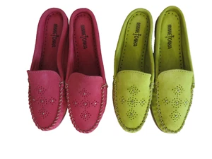 Minnetonka Leila Studded Suede Mules Slip On Moc Hot Pink or Citron Szie 11 - Picture 1 of 16