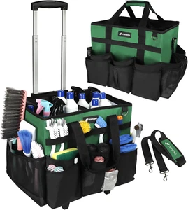 Large Rolling Cleaning Caddy Bag with Wheels, Cleaning Bag with Detachable Troll - Picture 1 of 7