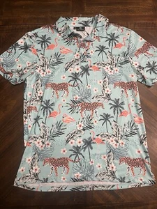 Greenside Golf Polo Shirt Mens Med Tropical Floral Leopard Cheetah Hawaiian Blue - Picture 1 of 12