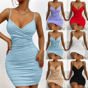 Womens Strappy Summer Party Beach Mini Bodycon Cami Dress Dresses Party Evening - Picture 1 of 26